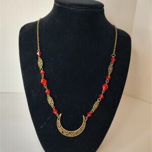 Bounzhi Head Chain/Necklace Antique Gold Tone Red Beads Cresent Filigree Pendant
